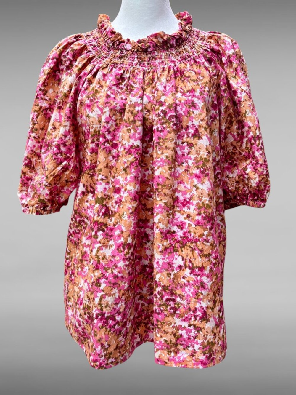 J. Crew Large Smocked Ruffle Neck Puff Sleeve Faded Floral Feminine Top Boho